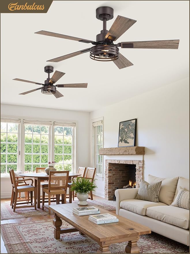 42 Inch Farmhouse Ceiling Fan with Lights 2 Pack, Rustic Bronze Ceiling Fans with Remote, 5 Dual Finish Blades, Quiet 6 Speed Reversible DC Motor, Caged Industrial Fan for Bedroom, Living Room, Patio
