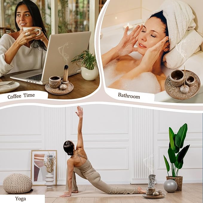 4 in 1 Incense Burner Holder,Sage Holder for Burning,Palo Santo Holder,Candle Holder,Ceramic Incense Burner Ash Catcher Tray for Meditation Yoga Room