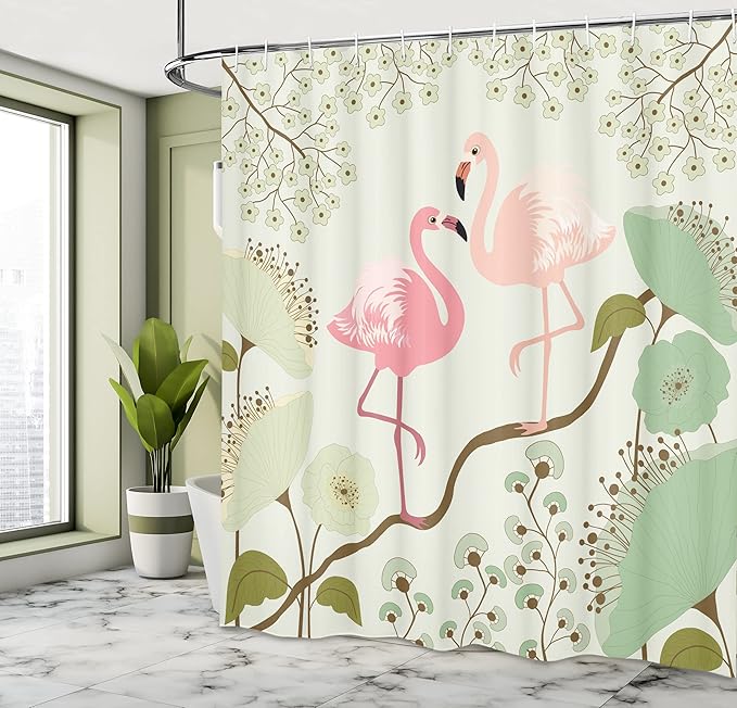 Ambesonne Peacock Shower Curtain, Blossoming Floral Background with Pair of Flamingos on Tree Branch, Cloth Fabric Bathroom Decor Set with Hooks, 69" W x 84" L, Green Salmon