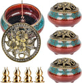Maxcheck 4 Pcs Ceramic Incense Burner with Copper Lid Metal Incense Holder Lotus Cone Burner for Sandalwood Palo Santo Sage Cones Meditation Yoga Spa Gifts Room Decor(Blue)