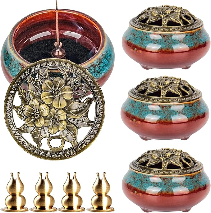 Maxcheck 4 Pcs Ceramic Incense Burner with Copper Lid Metal Incense Holder Lotus Cone Burner for Sandalwood Palo Santo Sage Cones Meditation Yoga Spa Gifts Room Decor(Blue)