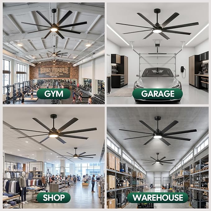 84 Inch Large Smart Ceiling Fan with Light Alexa/App/Remote Control, Modern Black Industrial Indoor Outdoor Ceiling Fans for Patios Shop Commercial, 8 Aluminium Blade, High 11000 CFM Quiet DC Motor