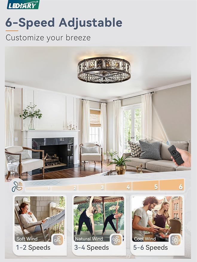 LEDIARY 20" Caged Ceiling Fans with Lights,Flush Mount Vintage Victorian Rustic Crystal Fandelier,Low Profile Farmhouse Enclosed Ceiling Fan with Light and Remote for Bedroom,Kitchen,Indoor,Black Gold