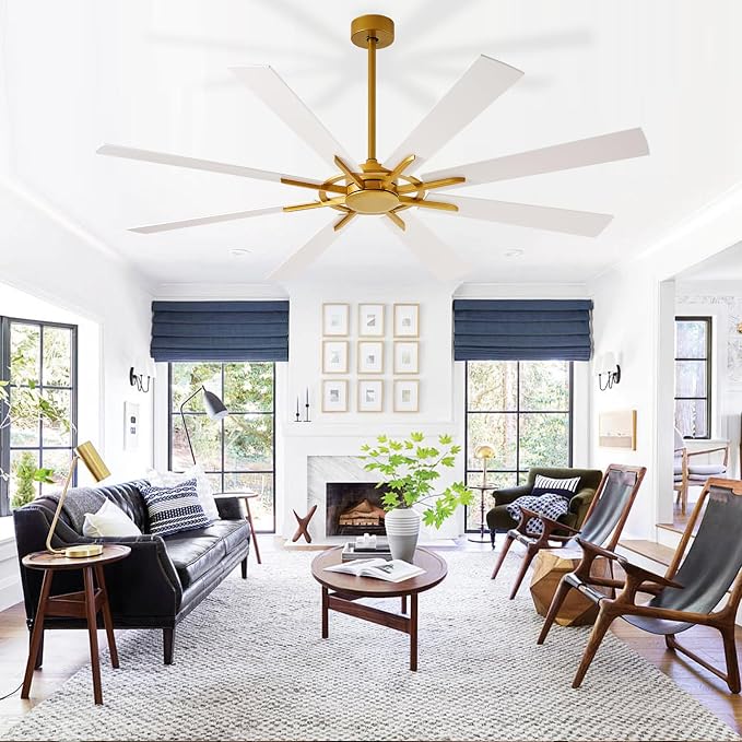 Ceiling Fan Without Light: 66 Inch Big Indoor Outdoor Fan with Remote APP Control - Brass White Large Ceiling Fan no Light 8 Blade Reversible Quiet DC Motor Memory Function Timer