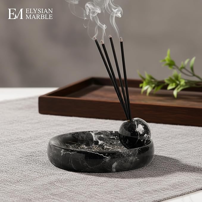 Incense Holder for Sticks, Natural Marble Incense Burner Ash Catcher Plate for Palo Santo, Sage, Meditation, Yoga and Home Decor - Black