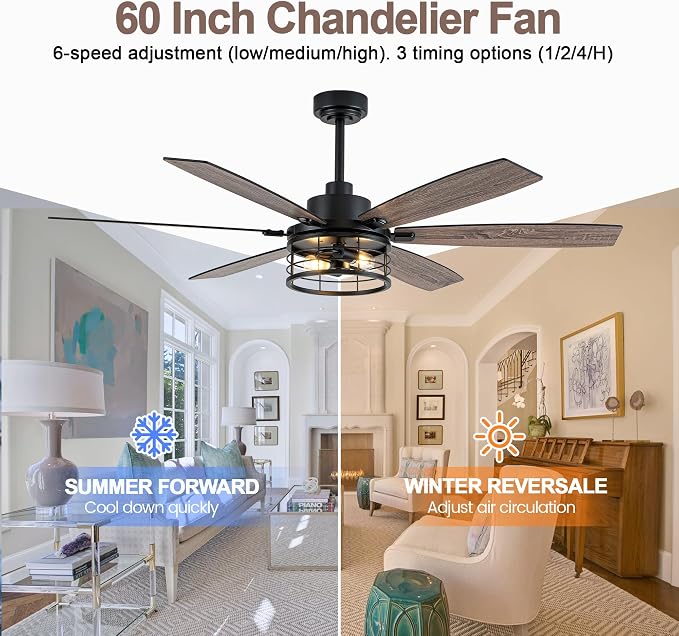 60 Inch Farmhouse Ceiling Fan with Light and Remote Black Rustic Ceiling Fan Quiet and Reversible DC Motor Chandelier Fan for Living Room Bedroom Patio