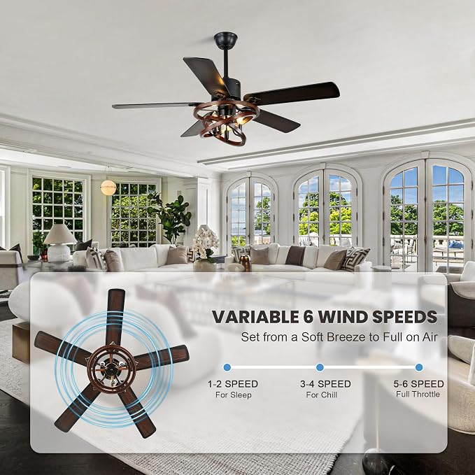 Dawn Whisper 52 Inch Farmhouse Ceiling Fans with Lights Modern Black Rustic Chandeleir Ceiling Fan for Living Room Bedroom Reversible DC Motor 6 Speeds