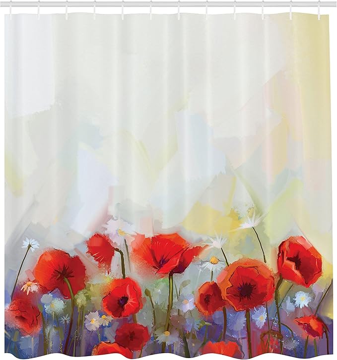 Ambesonne Watercolor Flower Shower Curtain, Poppies in Spring Meadow with Wildflowers Color Painting, Cloth Fabric Bathroom Decor Set with Hooks, 69" W x 70" L, Yellow Scarlet
