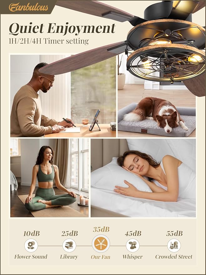 Fanbulous Farmhouse Ceiling Fan with Light and Remote, Industrial Caged Flush Mount Ceiling Fans with 6 Speed Reversible Motor and Dual Finish 5 Blades, for Living room, Bedroom (Black, 42 Inch)