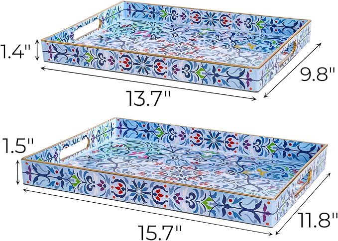 Hiceeden Set of 2 Boho Floral Serving Tray with Handles, 15.7" x 11.8" Decorative Plastic Ottoman Tray, Modern Large Coffee Table Server for Living Room, Bathroom, Kitchen, Rectangle, Blue