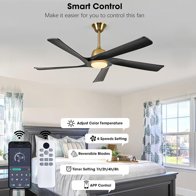 60 Inch Solid Wood Ceiling Fan with Light, Remote and APP Control, 3-color Dimmable, DC Motor, 6-speed Reversible,Outdoor/Indoor Ceiling Fans for Bedroom, Living Room, Black Gold
