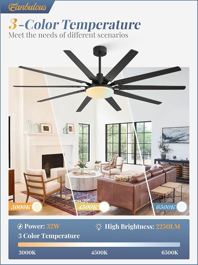 Fanbulous 72 inch Large Ceiling Fans with Lights and Remote, Outdoor Black Ceiling Fan with 10 Blades, 32W LED light 3 CCT, 6 Speed Reversible Quiet DC Motor, Modern Ceiling Fan for Living Room Patio