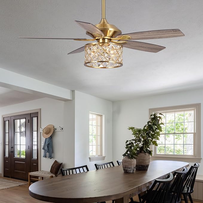 52" Antique Brass Crystal Ceiling Fan with Light and Remote, Vintage Chandelier Ceiling Fan with 5 Wood Blades, Reversible AC Motor, 3-Speed Downrod Mount Fan for Living Room Bedroom Dining Room