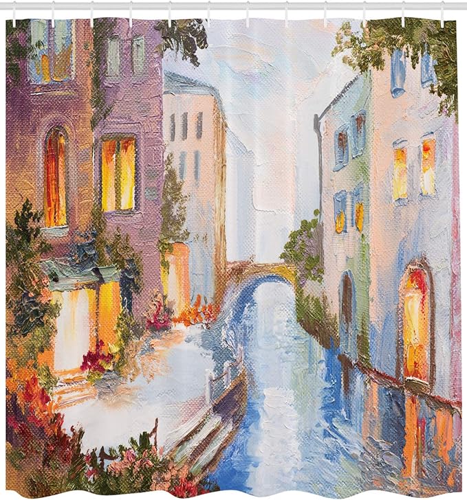 Ambesonne Venice Shower Curtain, Historical City Vintage Houses Water Canal Venice Italy Oil Painting, Cloth Fabric Bathroom Decor Set with Hooks, 69" W x 70" L, Orange Ivory
