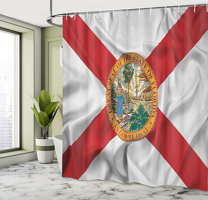 Ambesonne American Shower Curtain, Florida Flag Land of Sunshine Flowers Palms Rivers and Lakes Steamboat, Cloth Fabric Bathroom Decor Set with Hooks, 69" W x 70" L, Red White Multicolor
