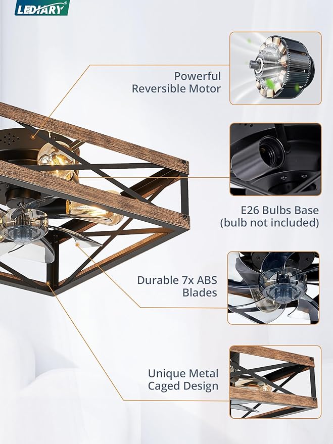LEDIARY Caged Flush Mount Square Ceiling Fans with Lights and Remote | 6 Speed and Reversible, Small Farmhouse Rustic Bladeless Ceiling Fan Low Profile for Bedroom, Kitchen, Dining Room
