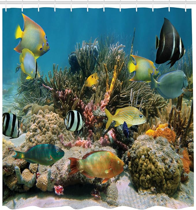 Ambesonne Ocean Shower Curtain, Colorful Coral Colony on Reef Shoal of Tropical Fish Caribbean Sea Picture, Cloth Fabric Bathroom Decor Set with Hooks, 69" W x 75" L, Grey Charcoal