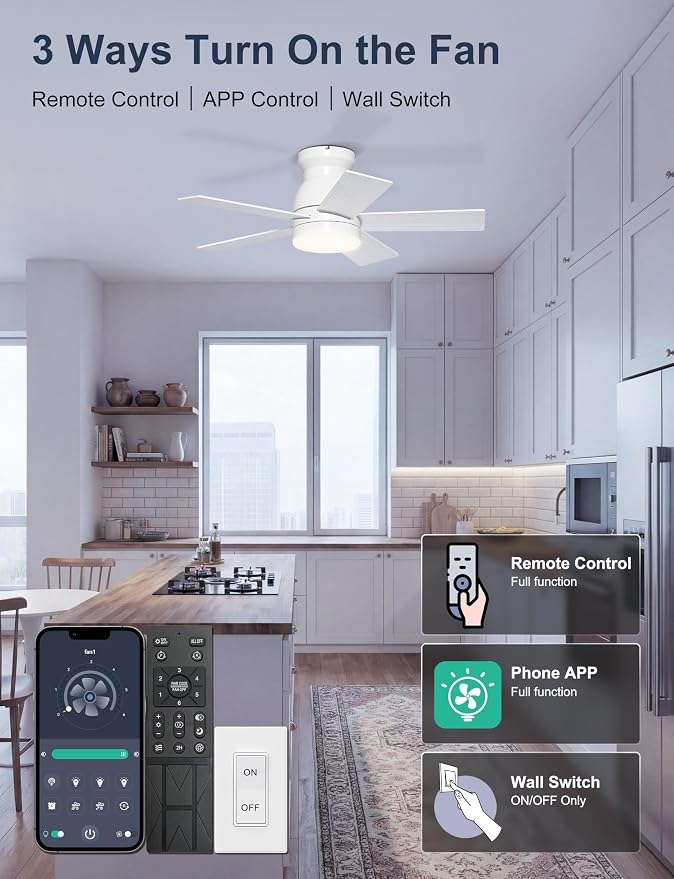 32'' White Low Profile Ceiling Fan with Light for Nursery Room | Quiet DC Motor, Flush Mount, 3CCT Dimmable, Modern Small Room Ceiling Fan with App/Remote Control