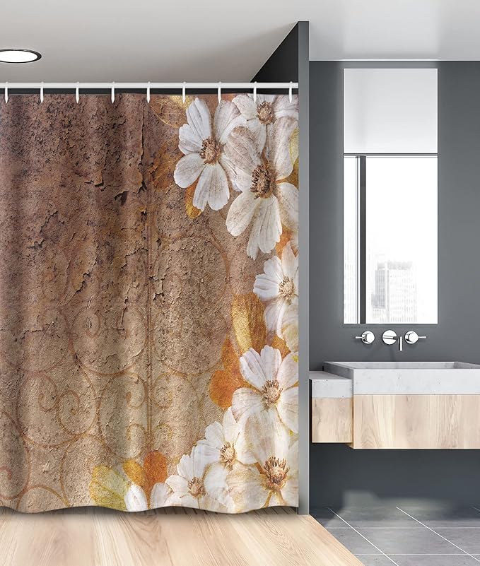 Ambesonne Grunge Stall Shower Curtain, Flowers and Leaves Pattern on Cracked Wall with Floral Lines Classic Design, Fabric Bathroom Decor Set with Hooks, 54" W x 78" L, White Brown