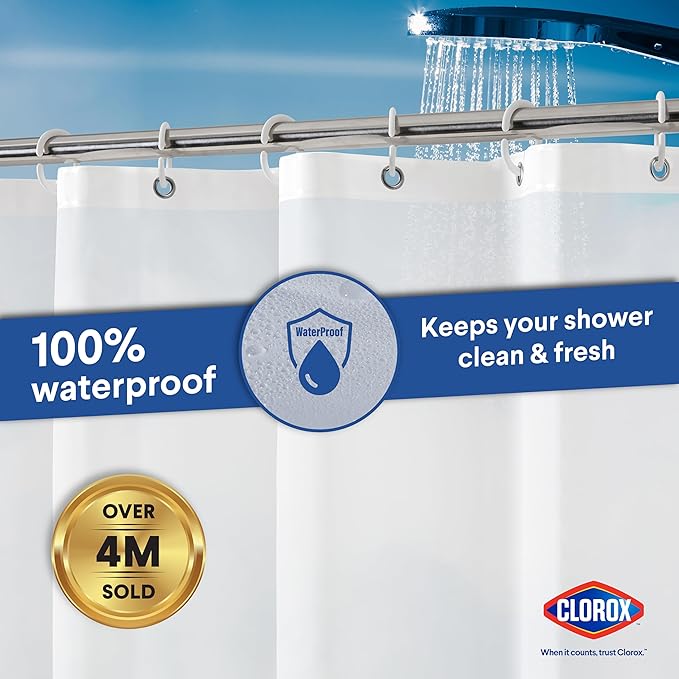 Clorox Shower Curtain Liner & Hooks, Premium Lightweight Flexible Waterproof 4g PEVA for Bathroom with Weighted Magnets, Standard Size 70" x 72", Frosty 1 Pack