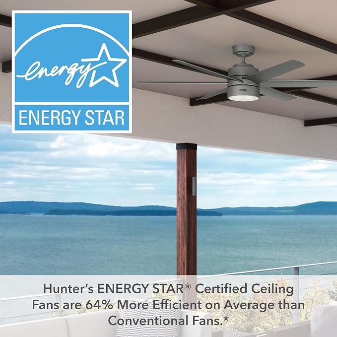 Hunter Solaria, Outdoor or Indoor, Ceiling Fan, 60 inch, Matte Silver | with LED Light, Standard Mount, Wall Control, Quiet, 6 Blades, For Patio, Porch, Garage, 59625