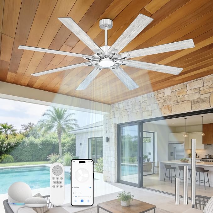 72 Inch Brushed Nickel Ceiling Fan with Light, Smart Alexa Control, Large Indoor Outdoor Fan with Dual Finish 8 Plywood Blades for Living Room, Patio, ZCCF05BN-72