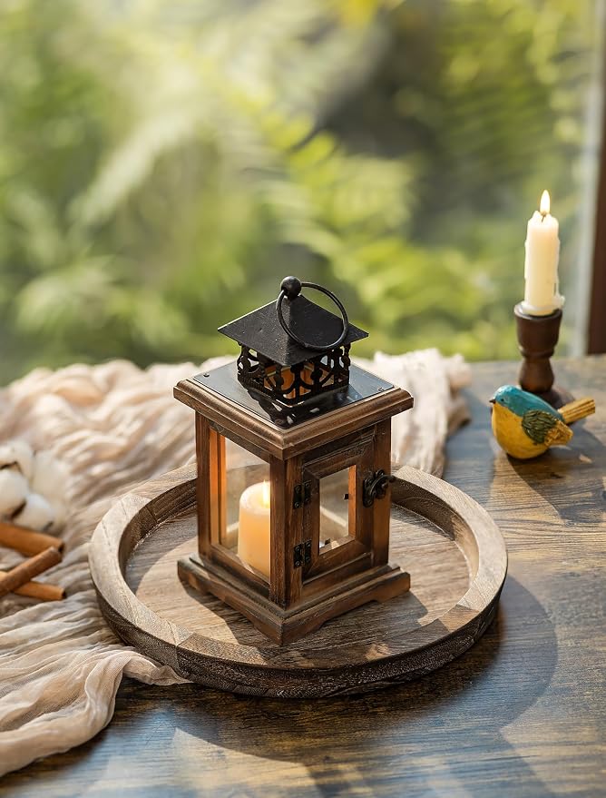 Hanobe Round Wooden Candle Holder Trays for Coffee Table, Distressed Finish | 11.2" Rustic Decorative Candlestick Plates for Kitchen Centerpiece, Farmhouse Living Room Fall Decor