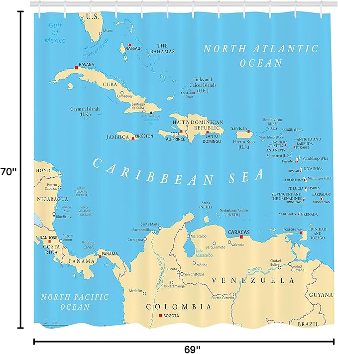 Ambesonne Map Print Shower Curtain, Caribbean Political Map Capitals National Borders Important Cities Rivers Lakes, Cloth Fabric Bathroom Decor Set with Hooks, 69" W x 70" L, Ivory Blue