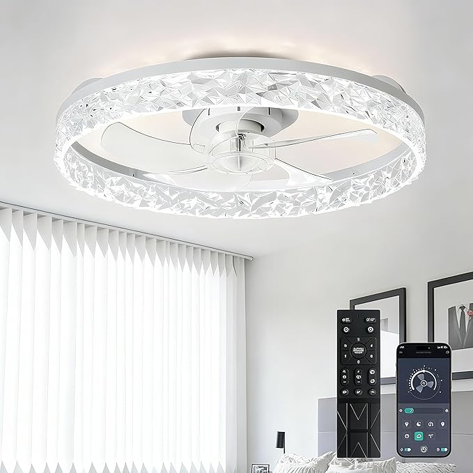 Depuley Ceiling Fans with Lights and Remote: Full Package 20" Modern Low Profile Flush Mount LED Ceiling Fan for Bedroom App Control - White Crystal Bladeless Fandelier for Laundry Room Kitchen