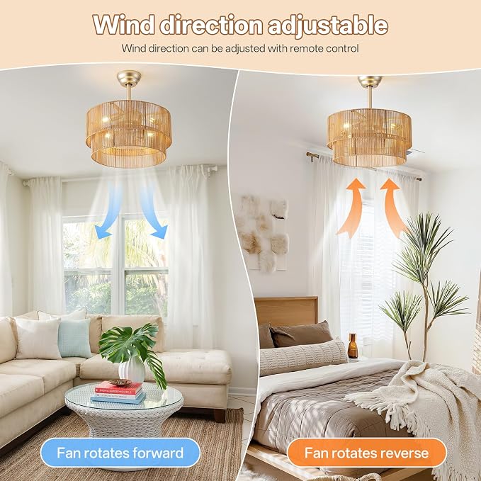 20" Caged Boho Ceiling Fans with Lights, Rattan Fandelier Chandelier Ceiling Fan with Light Remote Control with 6 Speeds for Bedroom, Nursery