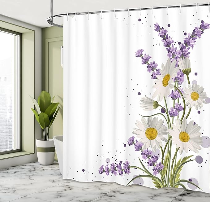 Ambesonne Lavender Shower Curtain, Vivid Bouquet with Daisies Color Slashes Scenic Modern, Cloth Fabric Bathroom Decor Set with Hooks, 69" W x 75" L, Green Marigold