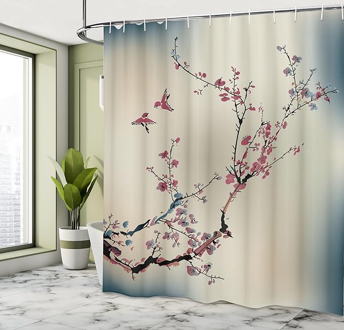Ambesonne Nature Shower Curtain, Flowers Buds and Birds with Cherry Branches Style Artwork Painting Effect, Cloth Fabric Bathroom Decor Set with Hooks, 69" W x 75" L, Dried Rose