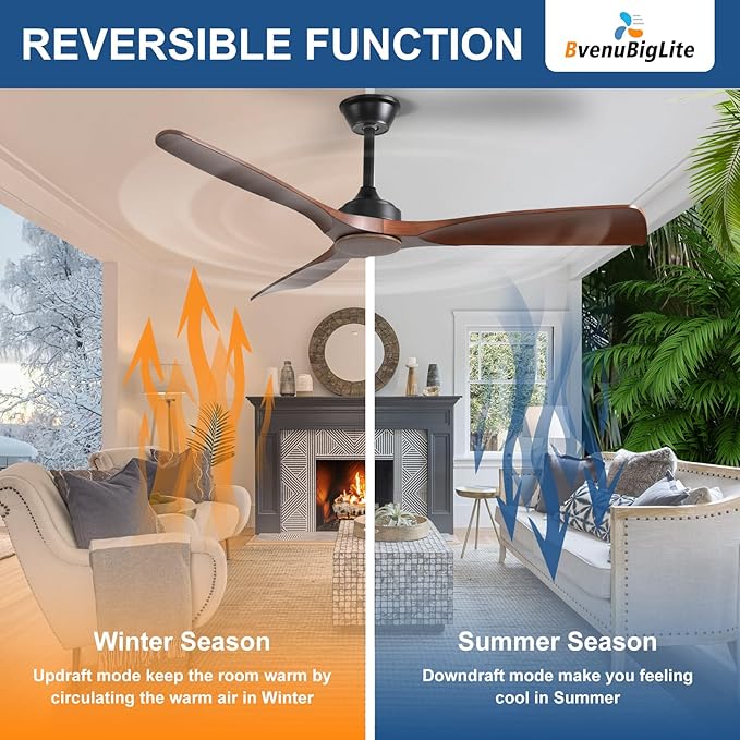 Ceiling Fan Without Light: 52 Inch Outdoor Fan for Patios - Walnut Ceiling Fan No Light Indoor - Modern 3 Blade Fan with Remote APP Control Reversible 6 Speed DC Motor