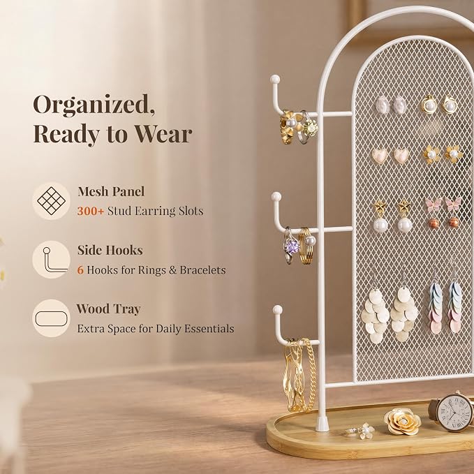 bussdis Jewelry Holder Organizer Earring Display - Earring Storage Tree Stands Towers With 6 Hooks 300 Studs Wood Tray White Metal Rack