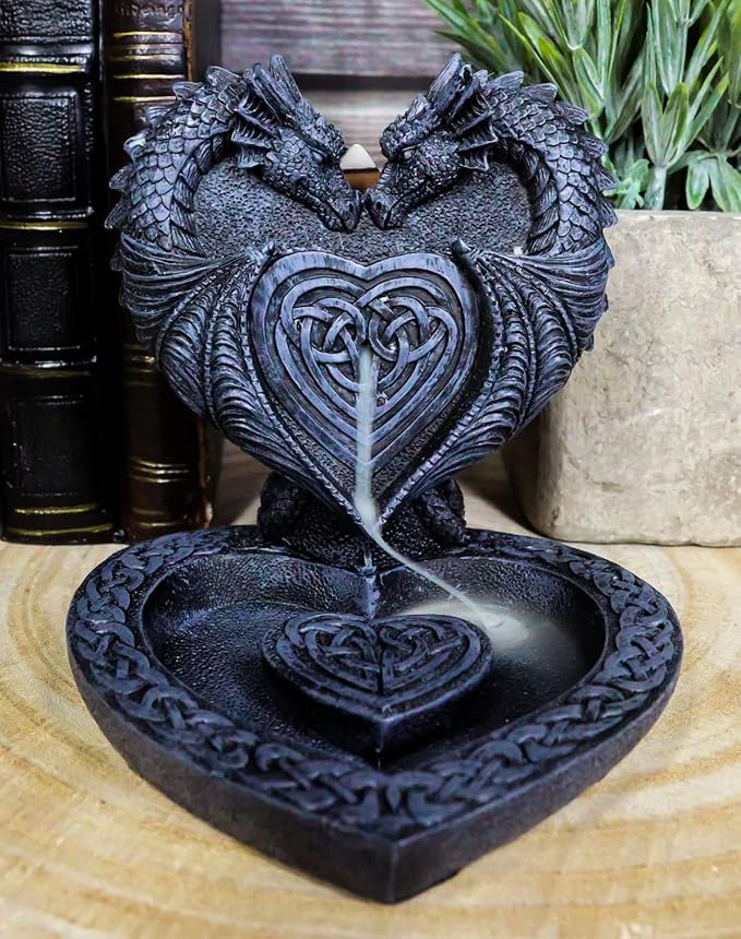 Ebros Gift Guardian of Faux Stone Celtic Heart Tomb Altar Romantic Double Dragon Backflow Cone Incense Cascading Smoke Pool Waterfall Burner Holder Figurine Fantasy Gothic Dungeons and Dragons