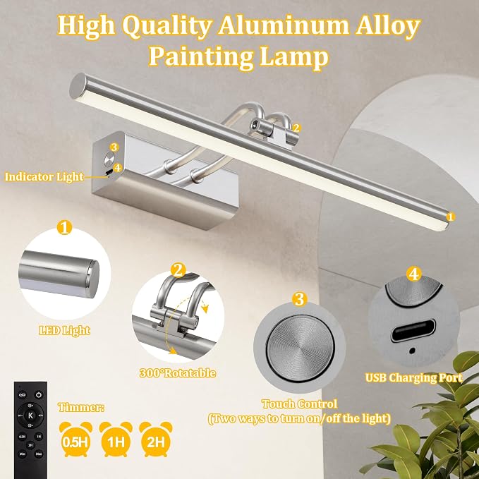 Picture Light for Wall, Platinum Silver, Battery Operated