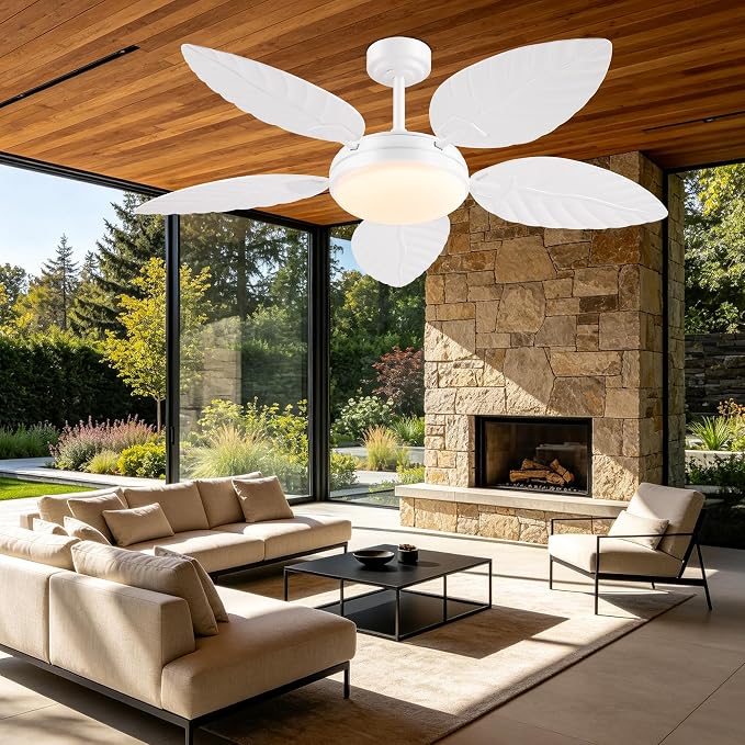 GJeg Tropical Ceiling Fans with Lights and Remote,52Inch Outdoor Palm Leaf Ceiling Fan for Patios Porch Bedroom, Dimmable LED Light, 6 Speeds, Reversible, White