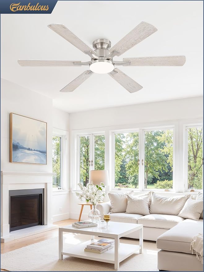 Fanbulous 52 Inch Ceiling Fan with Lights, APP & Remote Control, Flush Mount Low Profile Brushed Nickel Ceiling Fan, 3000-6000K Dimmable LED, Quiet Reversible Motor, 6 Speeds, for Bedroom Living Room