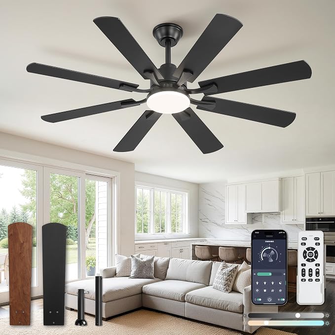 ZMISHIBO 52 inch Ceiling Fan with Light and Remote, 8 Blades Ceiling Fans with 20W LED Light, Quiet DC Motor, 6 Speeds, Stepless Color Temperature Change & Dimmable, for Bedroom Living Room, Black