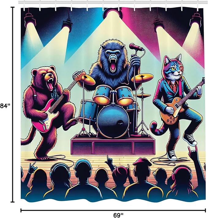 Ambesonne Rocker Animals Shower Curtain, Grizzly Bear Gorilla and Big Wild Cat Band Funny Stage Music Party, Cloth Fabric Bathroom Decor Set with Hooks, 69" W x 84" L, Fuchsia Blue Peach