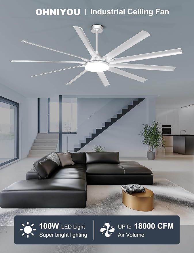 Ohniyou 96" Industrial Ceiling Fan with Bright Lights, High CFM Shop Fan | Remote/App Control, 10 Aluminum Blades, Extra Large Metal Fan for Covered Patio, Gym, Warehouse, Silver