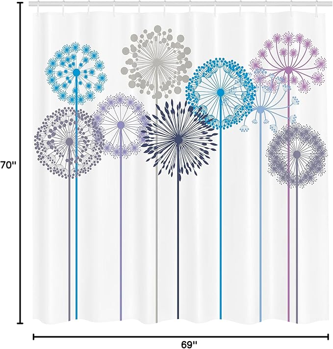 Ambesonne Floral Shower Curtain, Flower Inspired Artwork Colorful Dandelions on White Background Illustration Print, Cloth Fabric Bathroom Decor Set with Hooks, 69" W x 70" L, Deep Sky