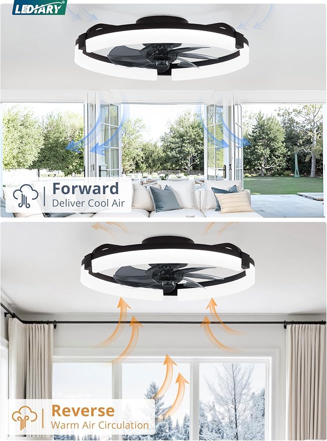 LEDIARY 2 Pack 20" Ceiling Fans with Lights and Remote, Low Profile Ceiling Fan, 3 CCT, Stepless Dimmable, Fandelier Flush Mount Fan Light, 6 Speeds, DC Motor, App & Remote Control for Bedroom(Black)