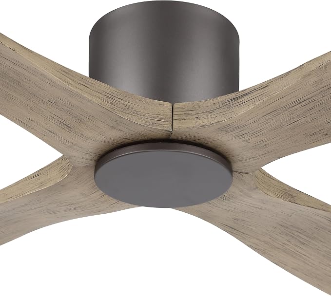 WINGBO 48 Inch Flush Mount DC Ceiling Fan without Lights, 4 Reversible Carved Wood Blades, 6-Speed Noiseless DC Motor, Hugger Ceiling Fan No Lights in Graphite Finish with Gray Blades, ETL Listed