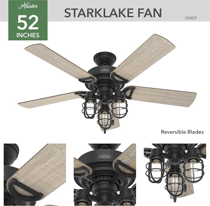 Hunter Starklake, Outdoor or Indoor, 5 Blades, 52 inch, Natural Black Iron