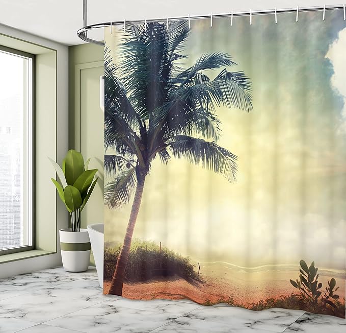 Ambesonne Hawaiian Shower Curtain, Natural Beach Sunset with Palm Silhouettes Shrubs Sea Clouds and Sand Landscape, Cloth Fabric Bathroom Decor Set with Hooks, 69" W x 84" L, Brown Teal