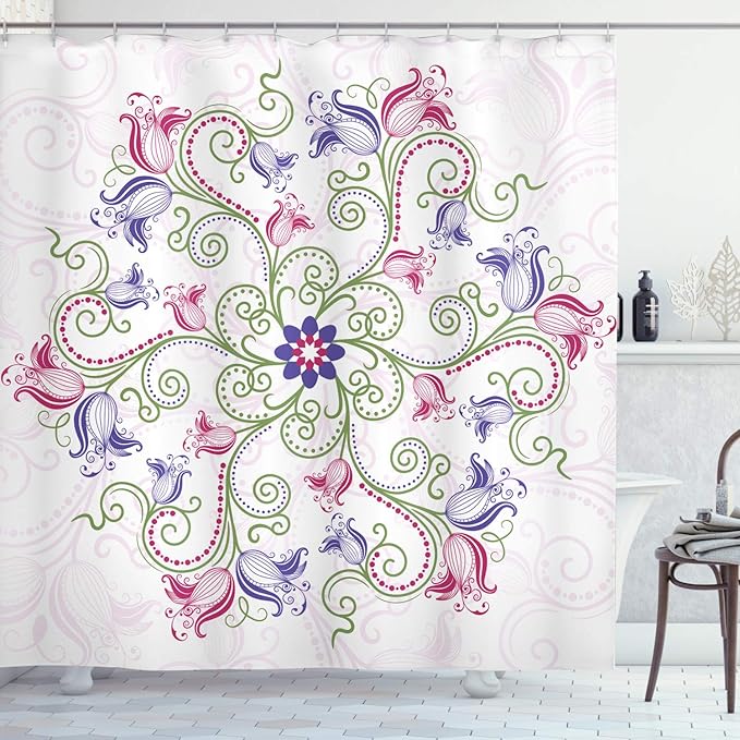 Ambesonne Mandala Shower Curtain, Round Flower Frame Design Classical Vintage Floral Art with Ottoman Tulips, Cloth Fabric Bathroom Decor Set with Hooks, 69" W x 84" L, Purple Green