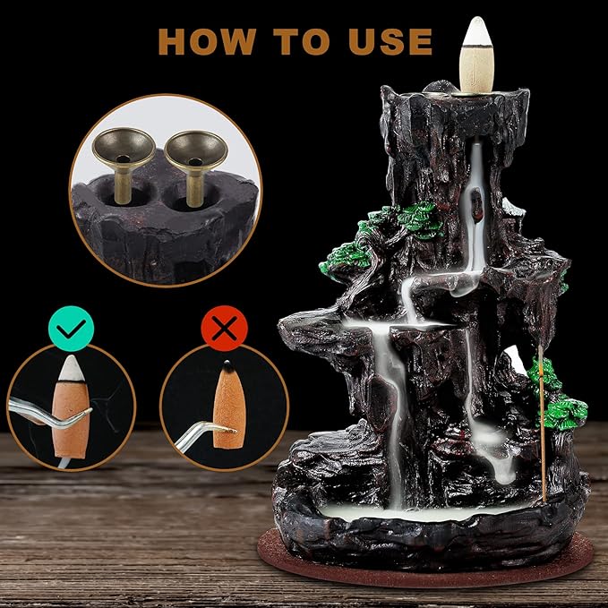 SPACEKEEPER Incense Burner, Backflow Incense Holder 2 Sides Waterfall Incense Burnier with 120 Backflow Incense Cones, 30 Incense Sticks, Aromatcherapy Ornamen for Home