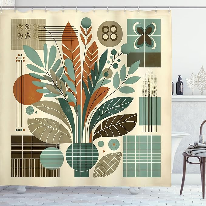 Ambesonne Mid Century Modern Shower Curtain, Abstract Retro Exotic Leaves Arrange in Vase with Lines, Cloth Fabric Bathroom Decor Set with Hooks, 69" W x 75" L, Beige Sage Green and Amber