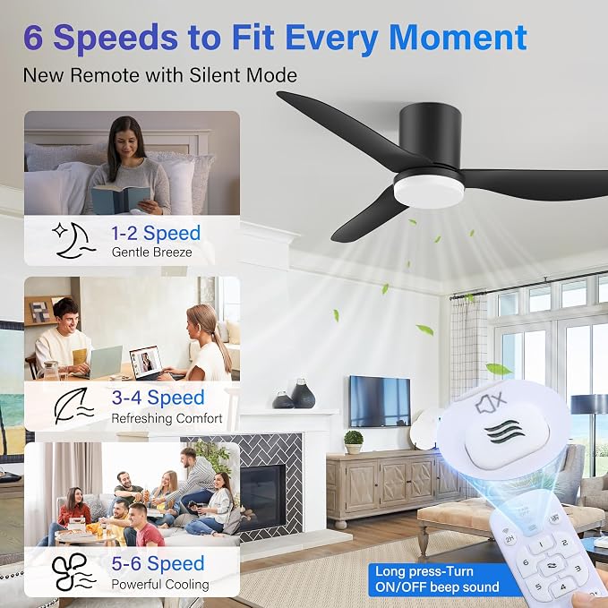 42 Inch Smart Ceiling Fans with Lights Remote,Low Profile Ceiling Fan Control via WIFI Alexa App,Modern Flush Mount Fans for Small Bedroom,Patio,Porch,Outdoor Indoor,Matte Black,Dimmable,Ultra-quiet